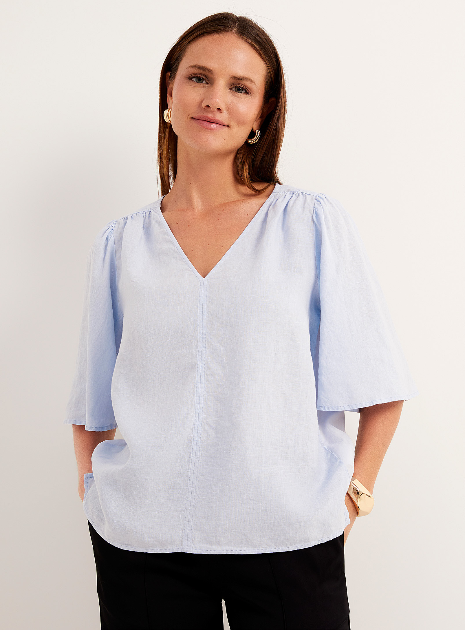 Marc O'polo Flared Sleeves Pastel Linen Blouse In Baby Blue