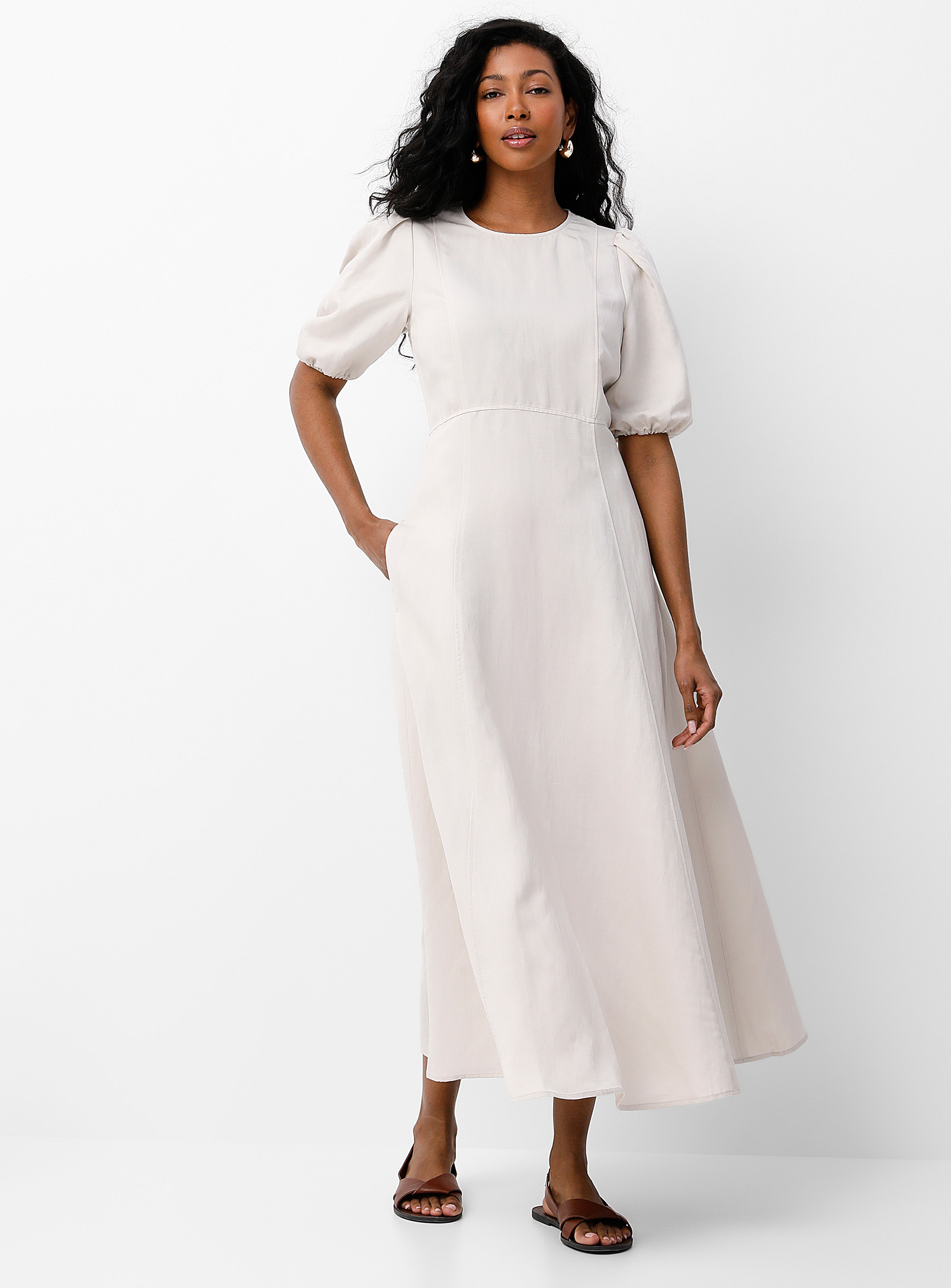 Marc O'polo Puff-sleeve Linen-lyocell Dress In Ecru/linen