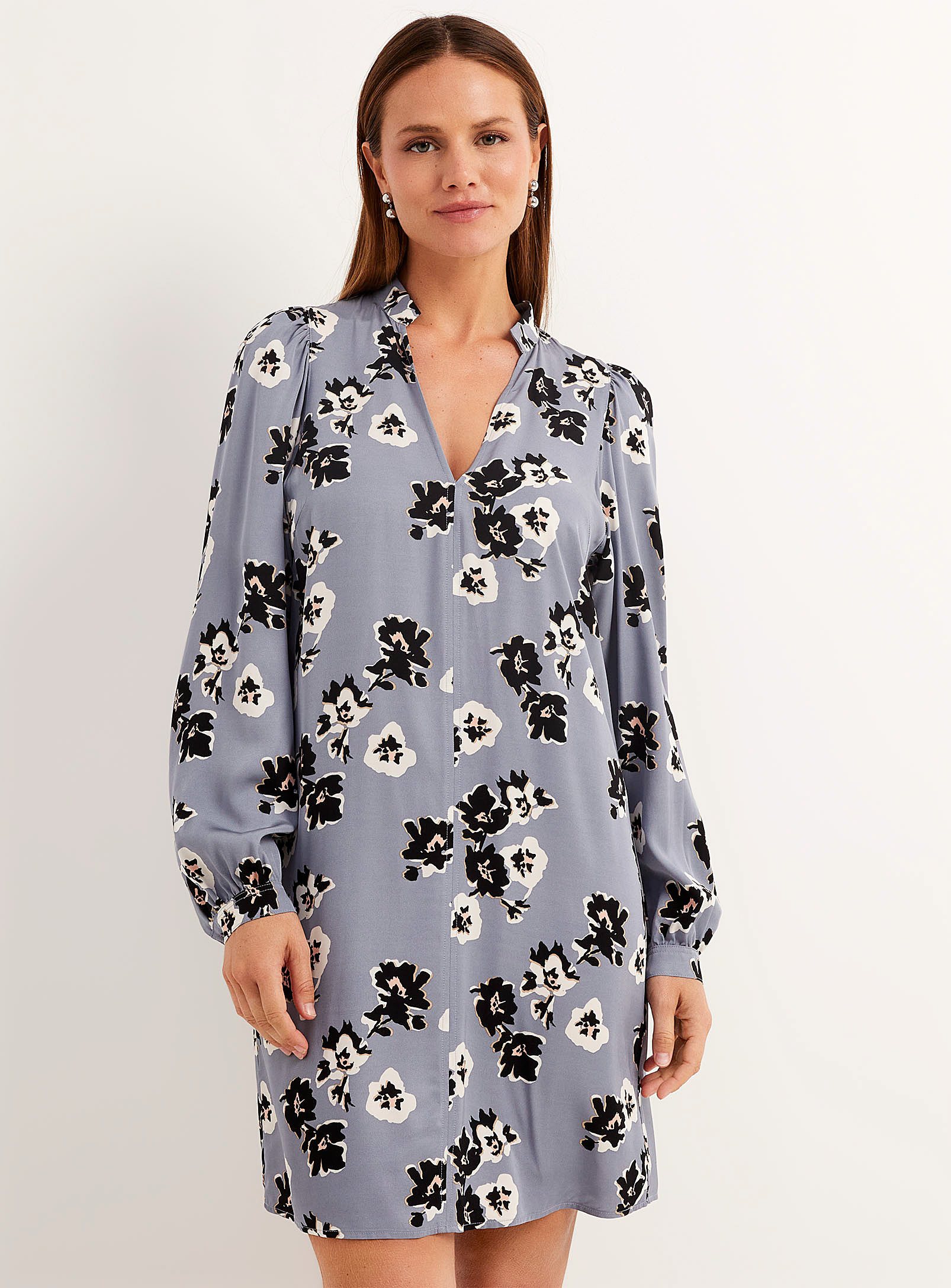 Marc O'polo Puff-sleeve Flowy Flowered Dress In Patterned Blue