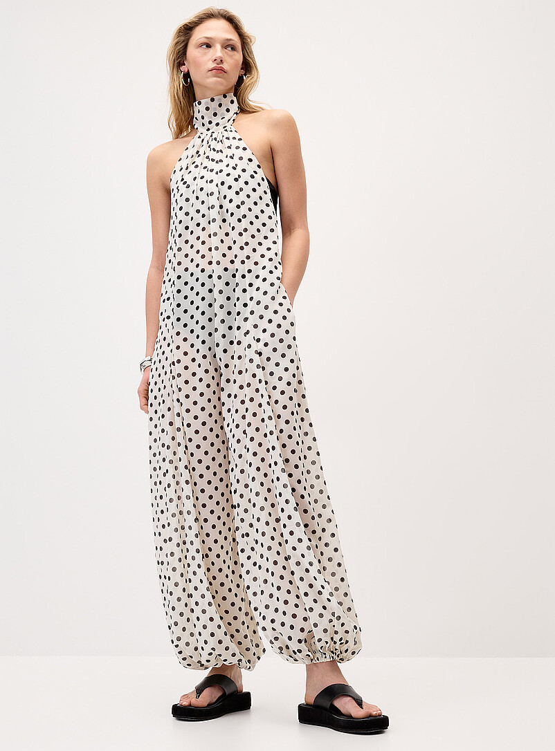 Twik Chocolate/Espresso Polka-dotted chiffon halter jumpsuit for women