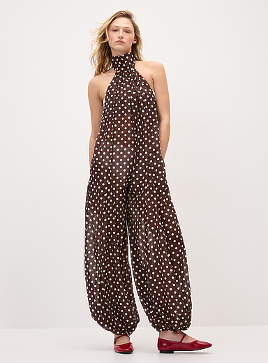 Polka-dotted chiffon halter jumpsuit