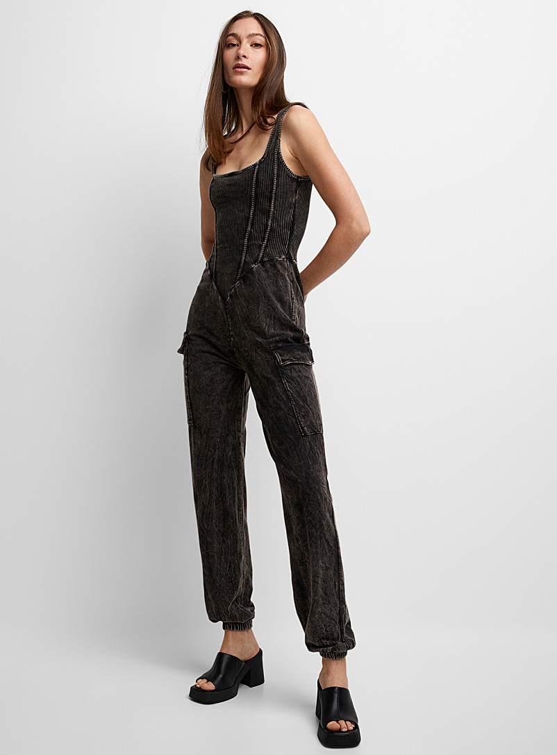 Icône Charcoal  Dirty wash patch pockets jumpsuit for women