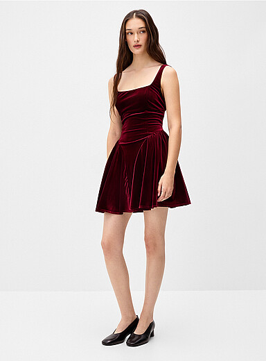 Twik Burgundy Back-bow velvet minidress for women