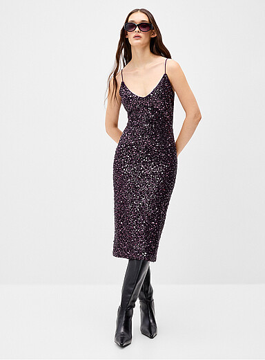 Twik Grape/Dark Crimson Beaded open-back midi dress for women