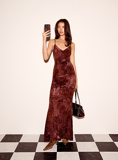 Twik Burgundy Velvet floral maxi dress for women