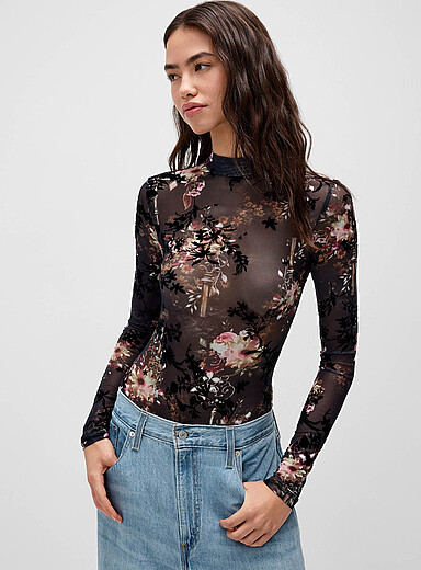 Twik Black and Light Pink Dark flowers mesh bodysuit for women