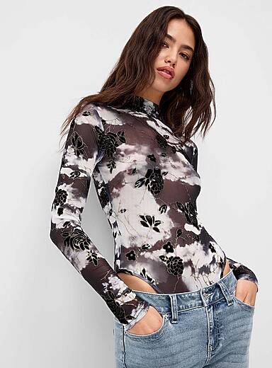 Twik Grey Flocked flowers tie-dye pattern bodysuit for women