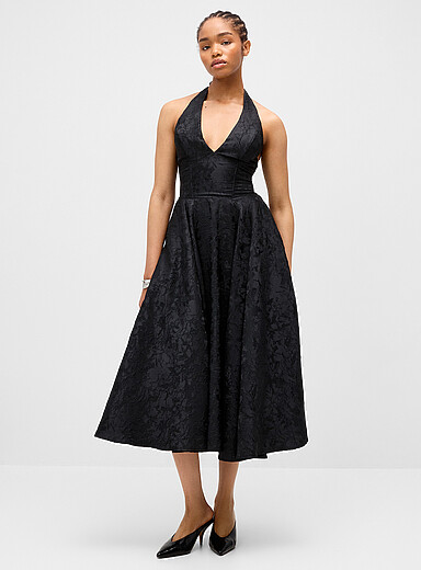 Twik Black Marilyn collar jacquard flower dress for women