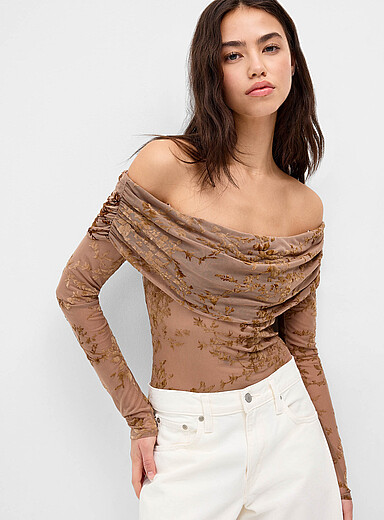 Twik Light Brown/Gingham Flocked flowers Bardot collar bodysuit for women