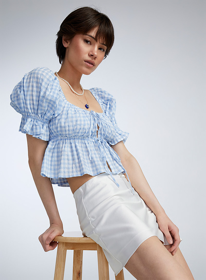 Twik Baby Blue Puff-sleeve blue gingham blouse for women