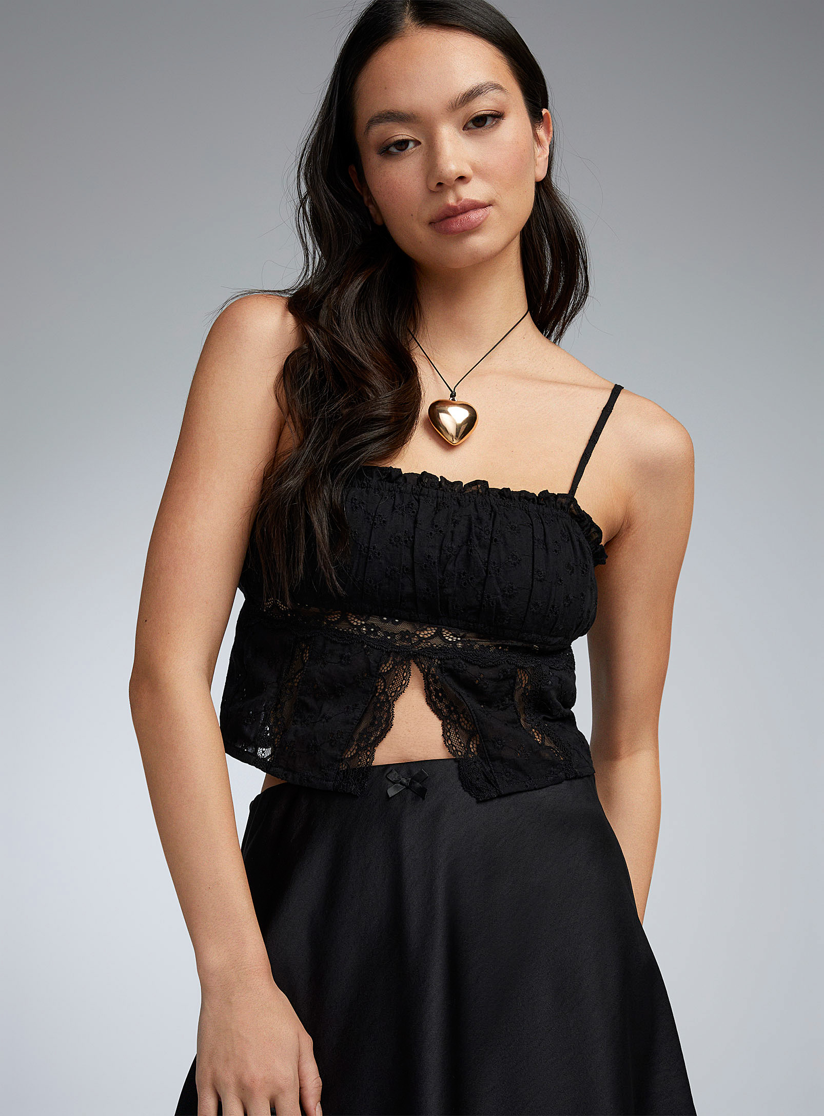 Twik Broderie Anglaise And Lace Cami In Black