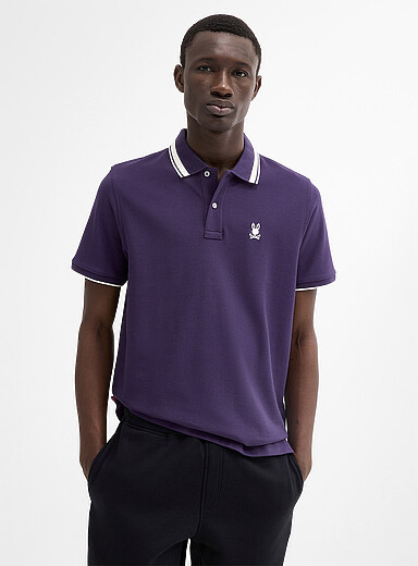 Psycho Bunny Ivory/Cream Beige Indigo striped textured collar polo for men