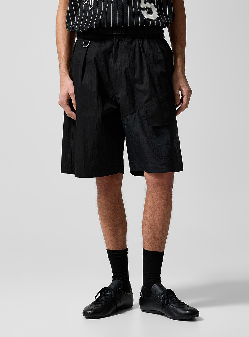 Y-3 Black Built-in belt fishnet leg Bermuda short for men