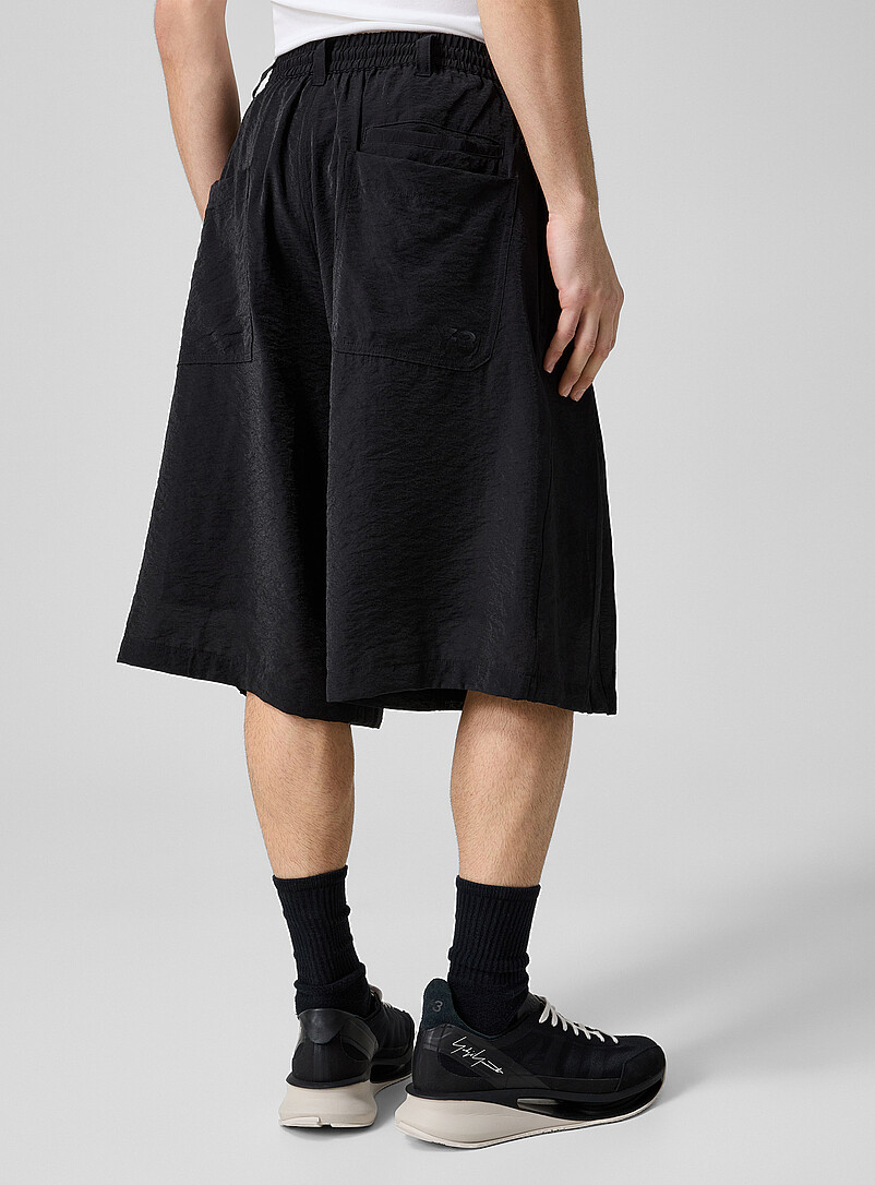Y-3 Black Hammered texture flowy pleated Bermuda short for men