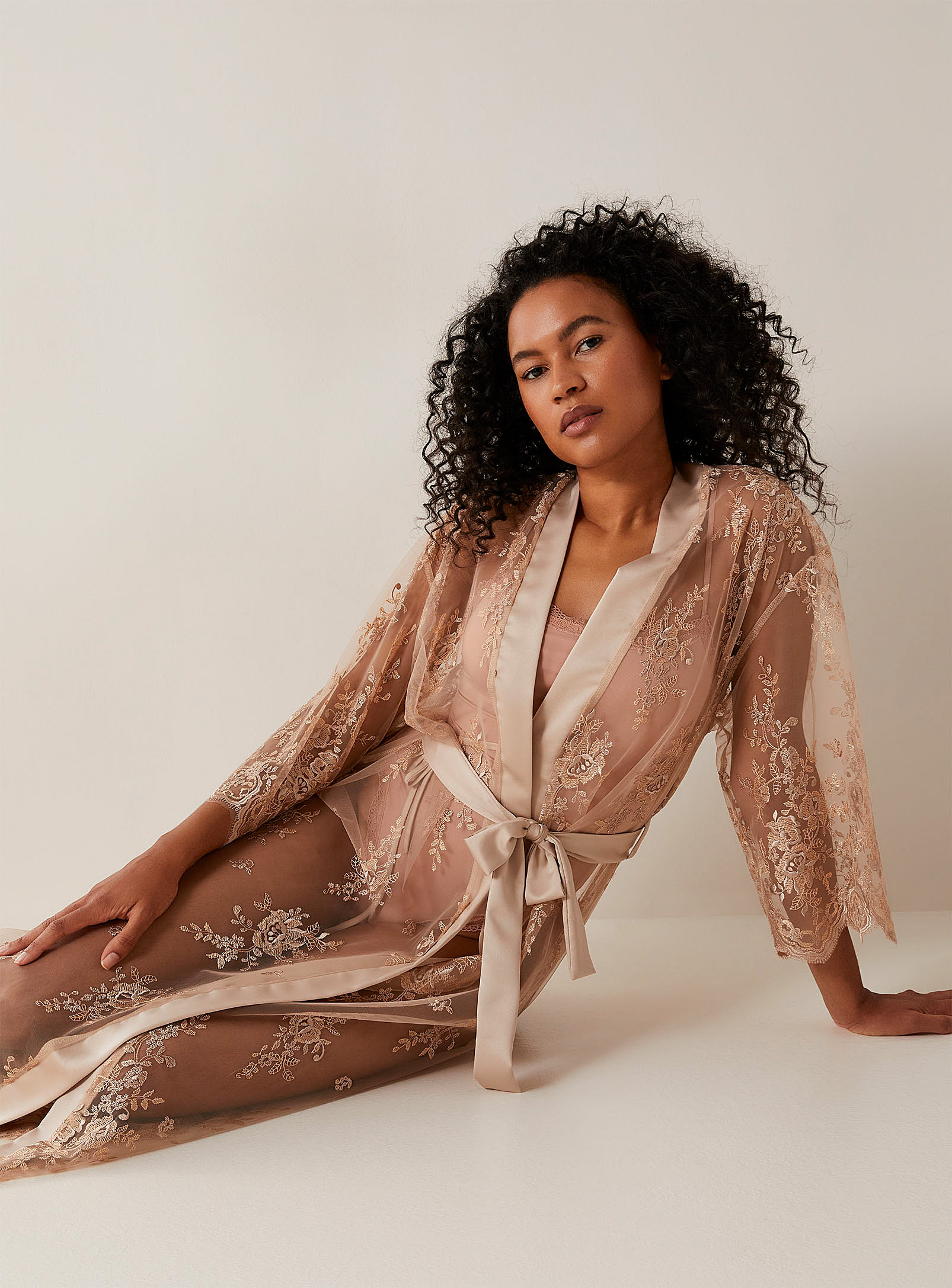 Rya Collection Sheer Embroidered Robe In Sand