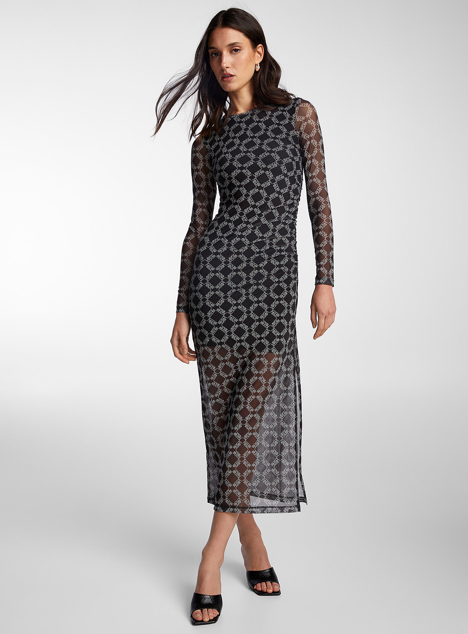 Icone Printed Micromesh Long-sleeve Dress In Black And White
