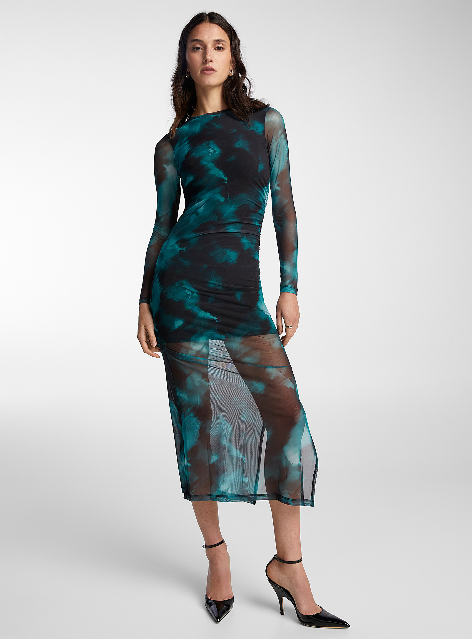 Icone Printed Micromesh Long-sleeve Dress In Patterned Green