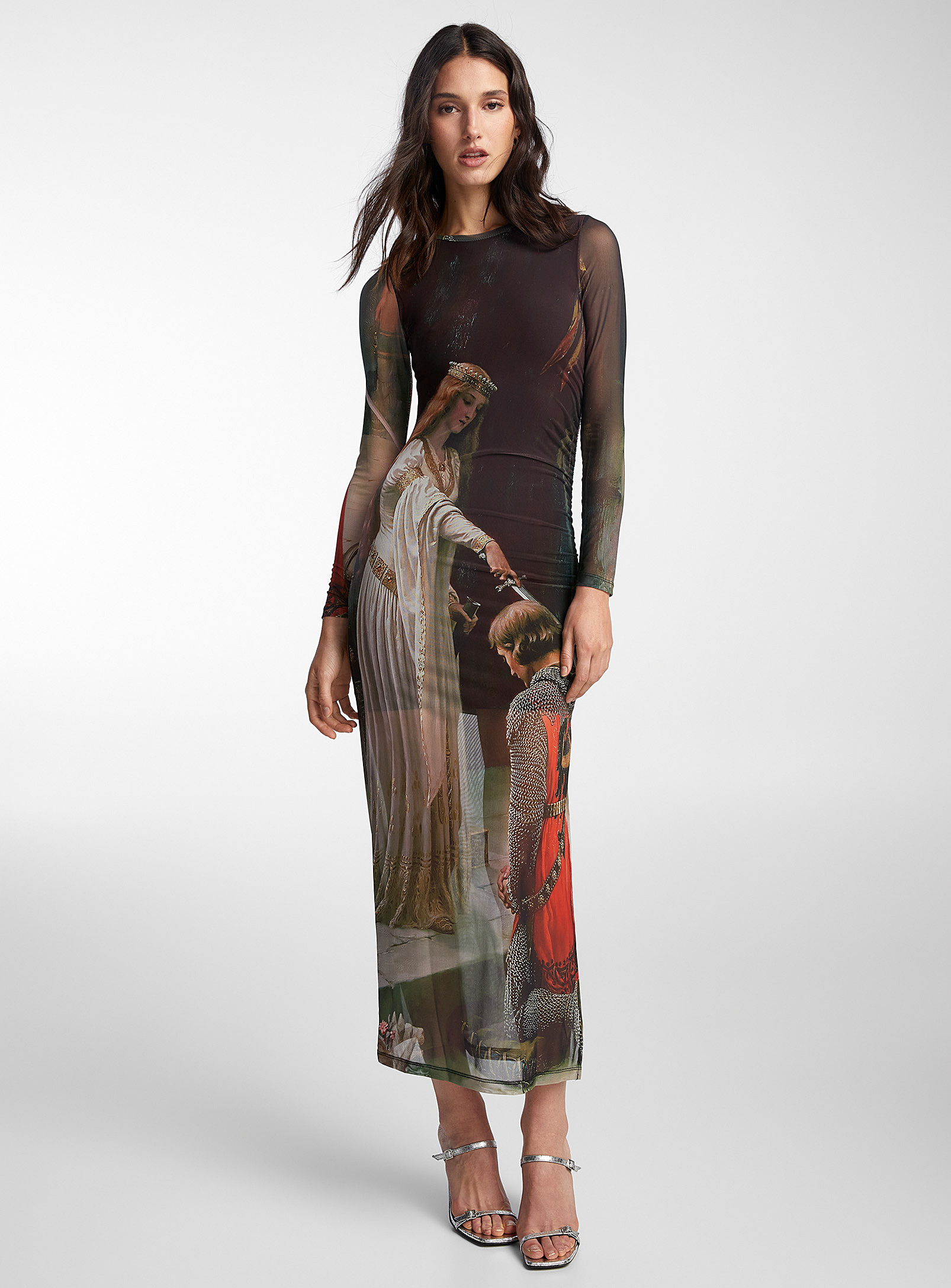 Icone Printed Micromesh Long-sleeve Dress In Brown