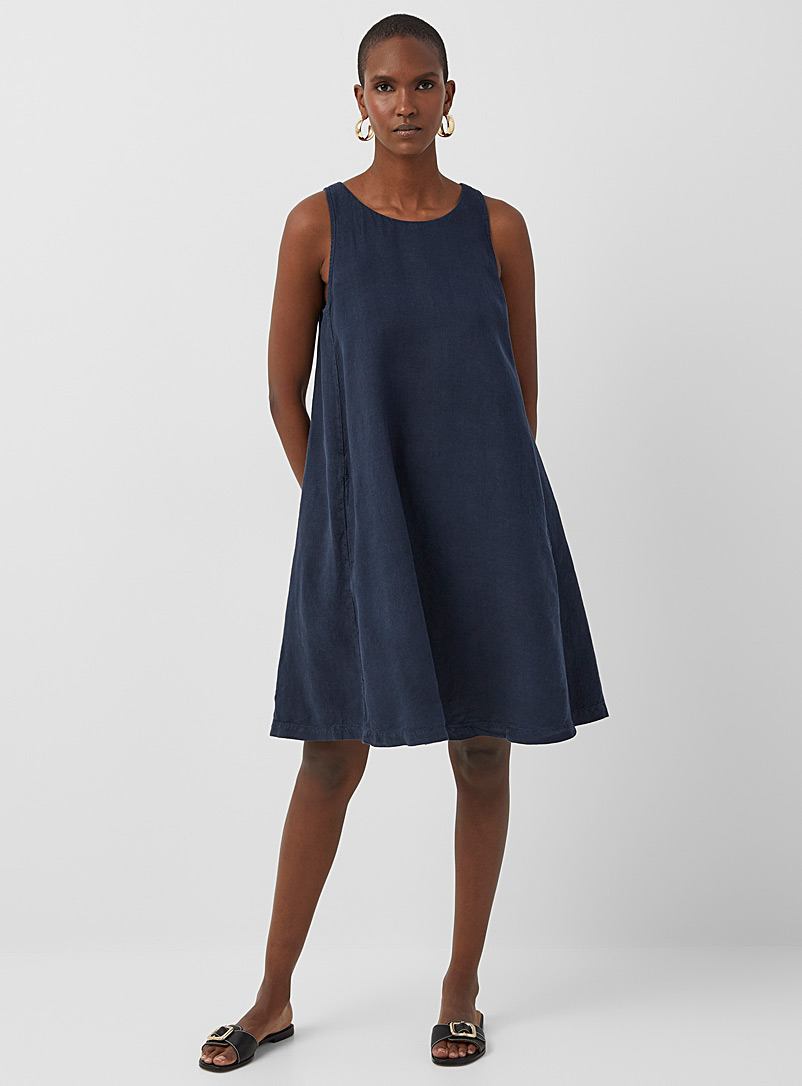 Contemporaine: La robe trapèze pur lin Bleu marine - Bleu nuit pour femme