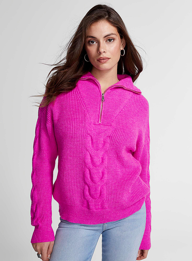 Icône: Le chandail tricot câbles col zippé fuchsia Rose pour femme