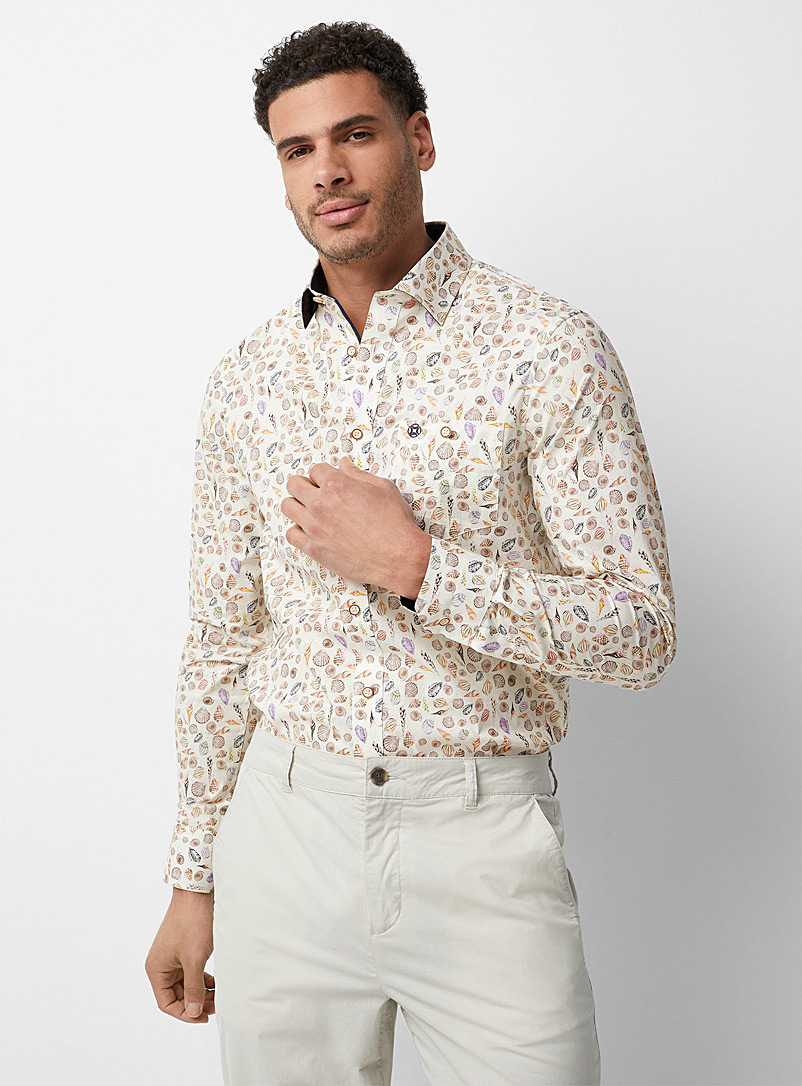 Le 31 Patterned beige Colourful seashell shirt for men