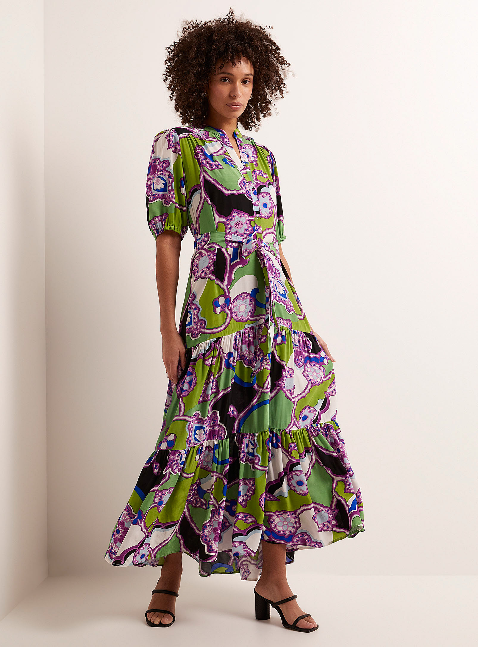 Contemporaine Saturated Bouquet Tiered Shirtdress In Patterned Green