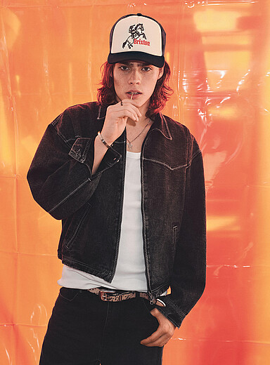 Djab: La veste en jean western surpiq&ucirc;res blanches Noir pour homme