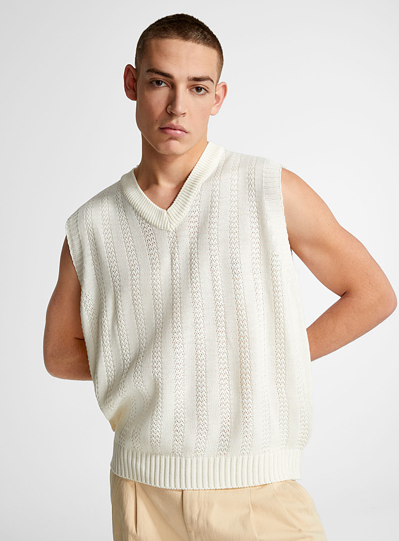 Le 31 White Crochet stripe sweater vest for men