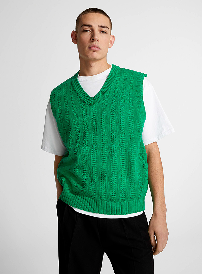 Le 31 Green Crochet stripe sweater vest for men