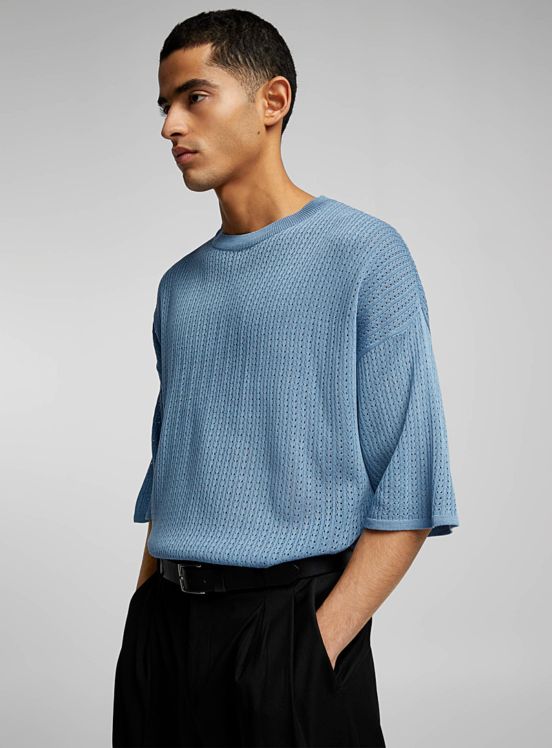 Le 31 Blue Pointelle teardrop knit sweater for men