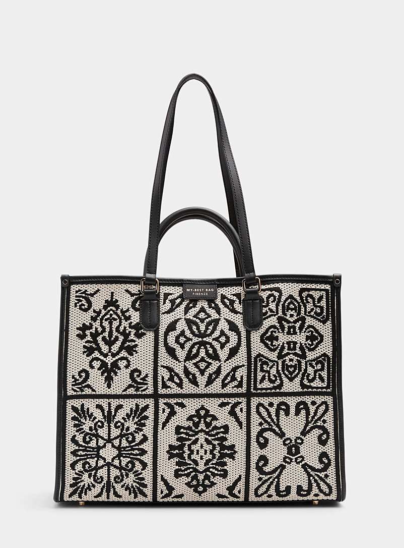 MY BEST BAG Patterned Black Contrast pattern crochet tote for women