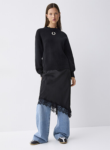 Twik Black Asymmetrical lace satiny midi skirt for women