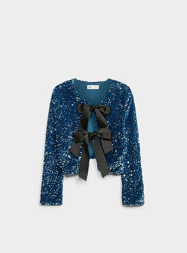Twik Mid-blue Big-bow sequined blouse for women