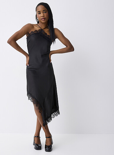 Twik Black Asymmetrical black satin lace slip dress for women