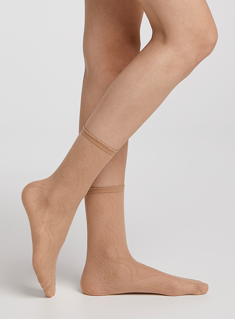 Filodoro Beige Baroque pattern sheer ankle socks for women