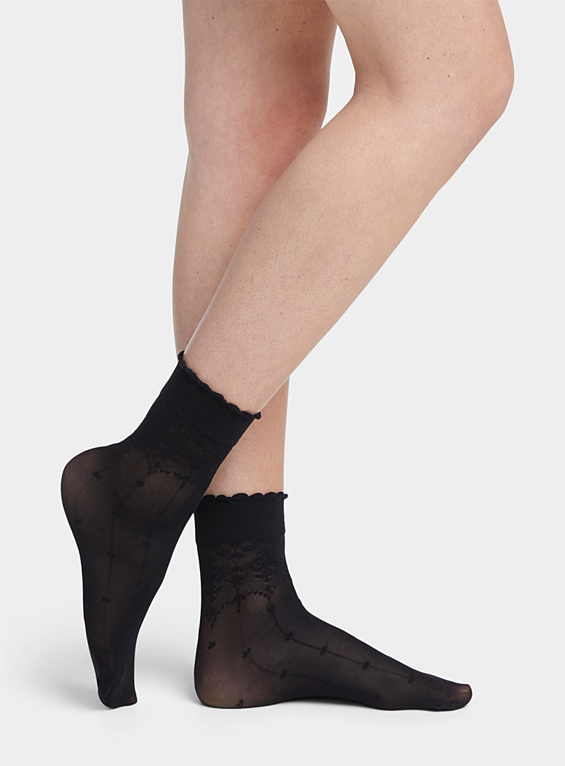 Philippe Matignon Black Baroque floral sheer ankle socks for women