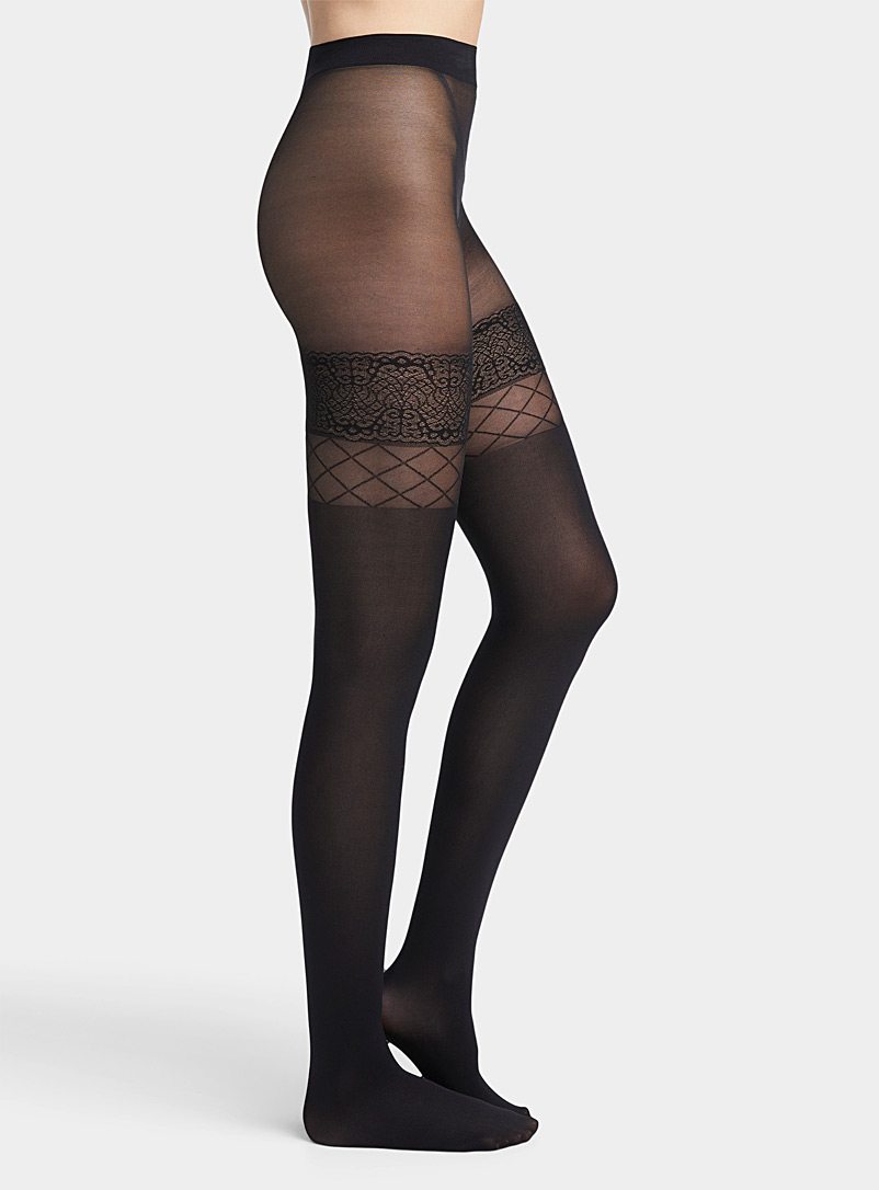 Filodoro Black Lace illusion thigh-high-look pantyhose for women