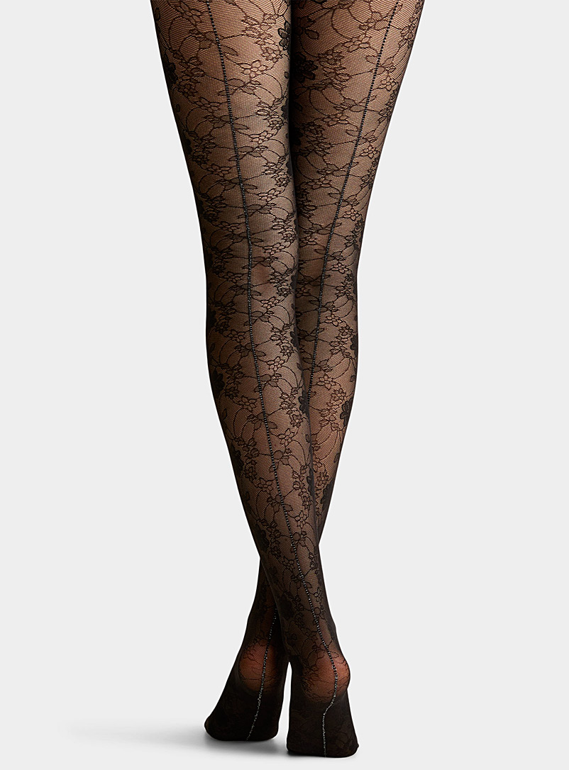 Philippe Matignon Black Pizzo silver-accent floral lace pantyhose for women