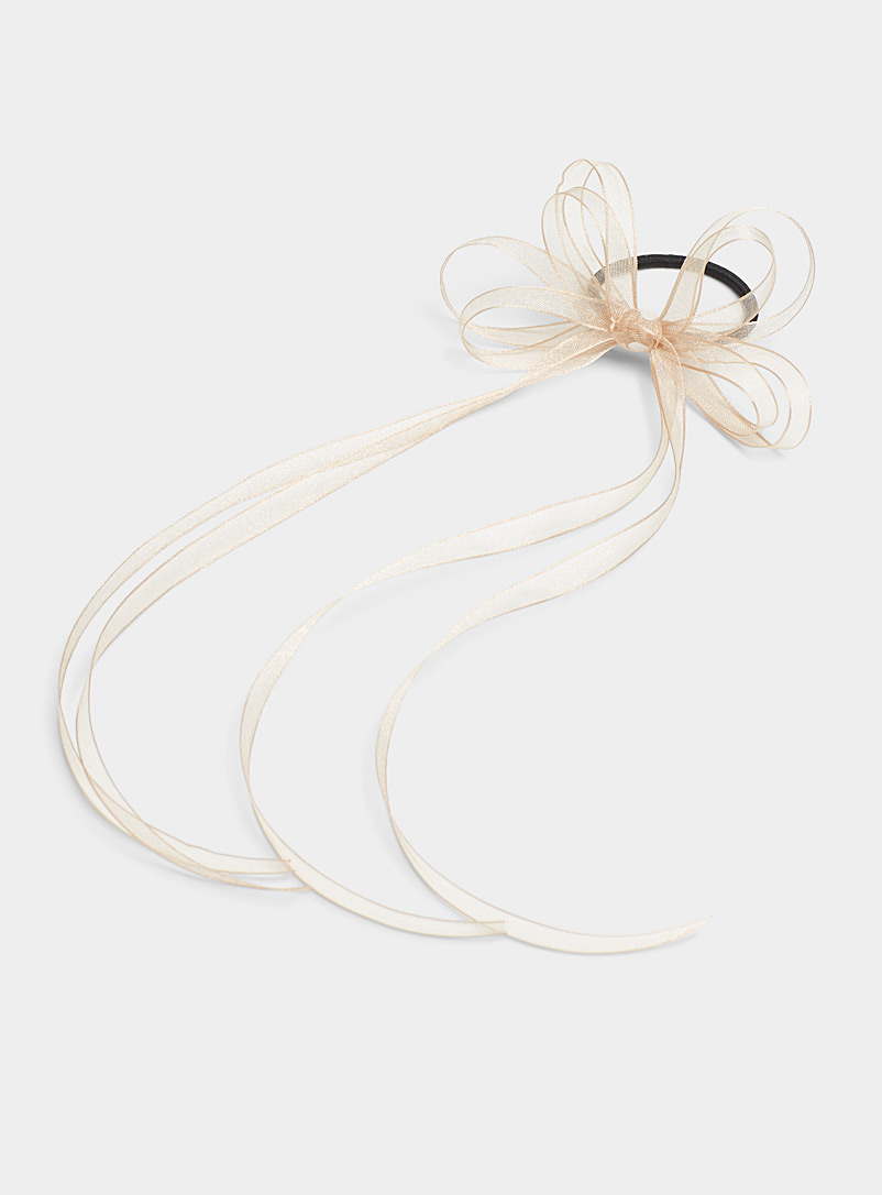 Simons Ivory White Long organza bow hair tie for women