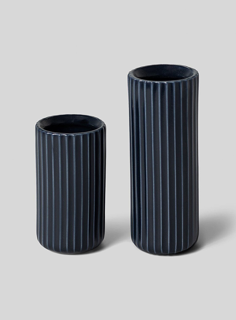 Fable Navy/Midnight Blue Grooved stoneware vases Set of 2