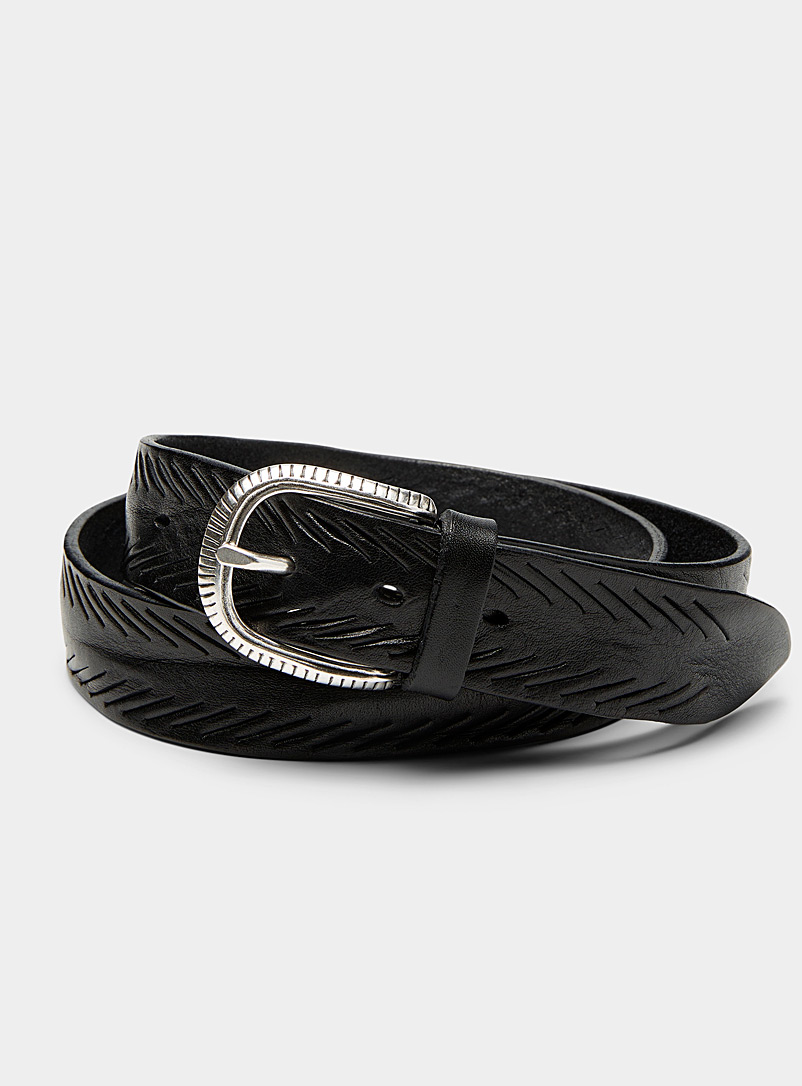 Alberto Luti Black Engraved herringbone leather belt for men
