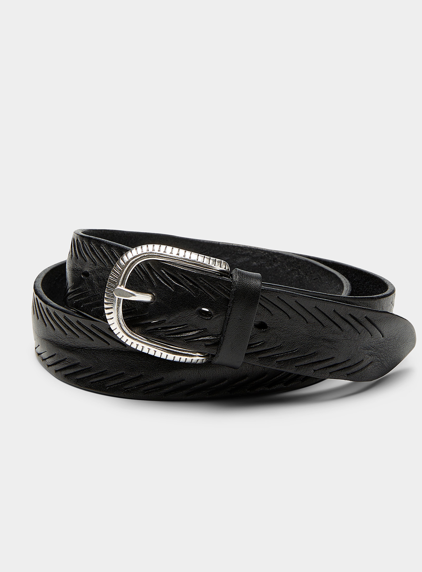 Alberto Luti Engraved Herringbone Leather Belt In Black