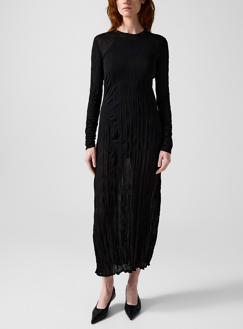 Long-Sleeve Crinkled-Knit Maxi Dress