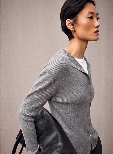 Contemporaine Oxford Funnel-neck fitted ribbed cardigan for women