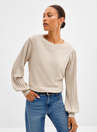 Kaffe Ivory/Cream Beige Pleated sleeves fine-knit sweater for women