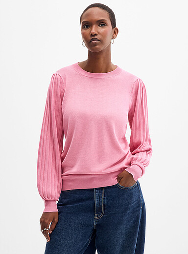 Kaffe: Le chandail fin tricot manches pliss&eacute;es Rose pour femme