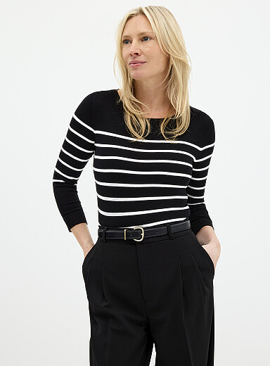 Kaffe Patterned Black Ultra-fine striped knit boat-neck sweater for women
