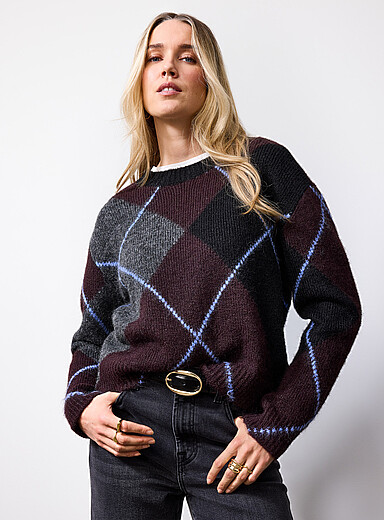 Kaffe: Le chandail filamenteux argyle Pourpre &agrave; motifs pour femme