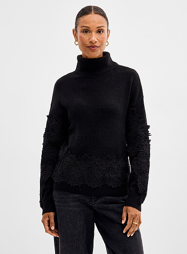 Kaffe Black Floral lace trim turtleneck sweater for women
