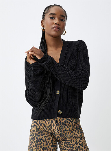 Button-up shaker-rib cropped cardigan